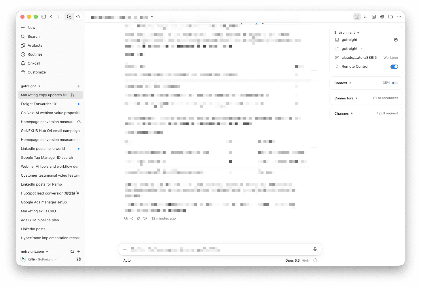 Claude Code with one session per task in the sidebar, from LinkedIn posts to a HubSpot lead-conversion trigger, and Remote Control switched on at the right