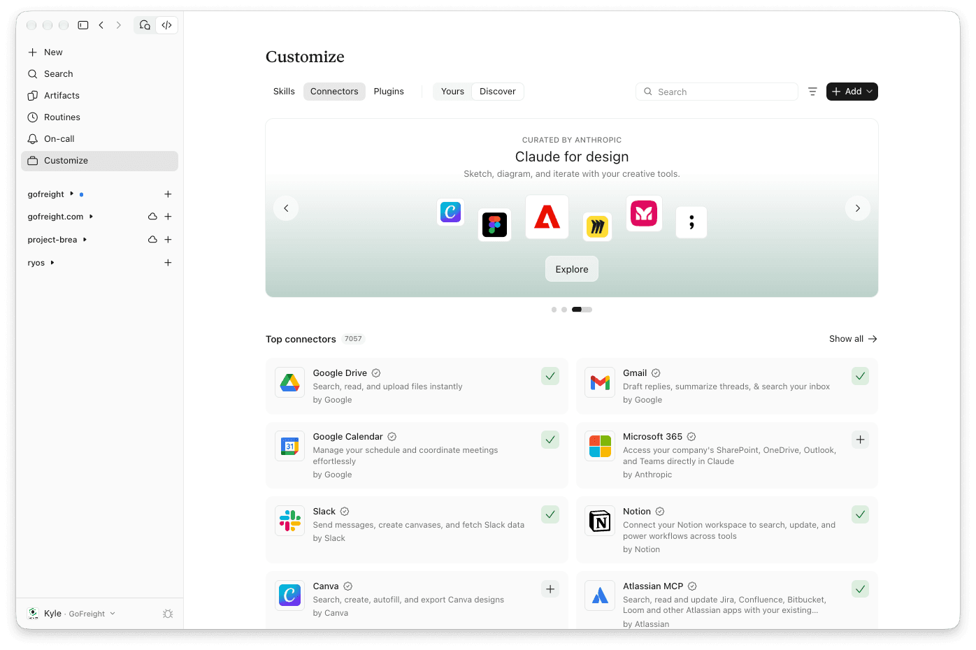 The Connectors page in Claude: Google Drive, Gmail, Google Calendar, Slack, Notion, and Atlassian all connected