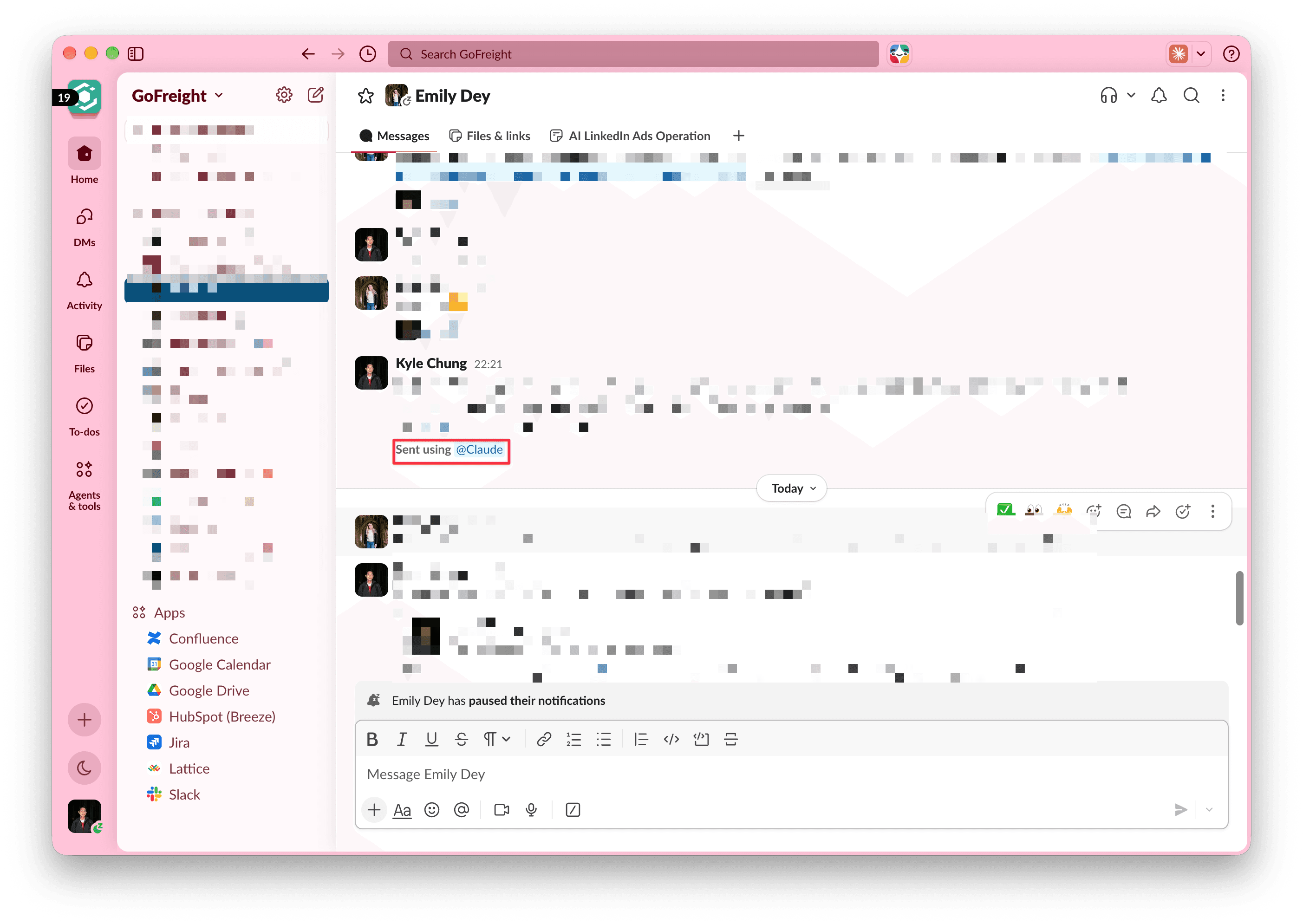 A Slack message to a colleague, tagged “Sent using @Claude”
